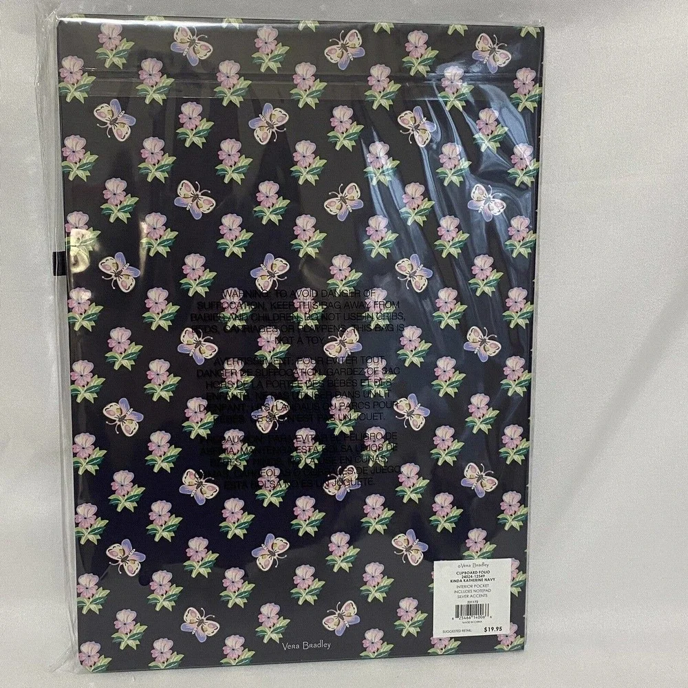Vera Bradley Clipboard Folio Kinda Katherine Navy Butterflies Flowers w/ notepad